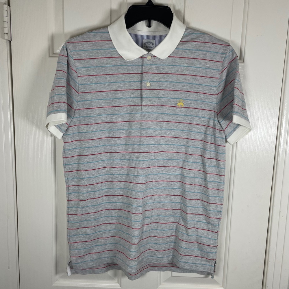 Brooks Brothers Men M Slim Striped Supima Cotton Polo Shirt Grey Contrast Collar - Picture 2 of 6